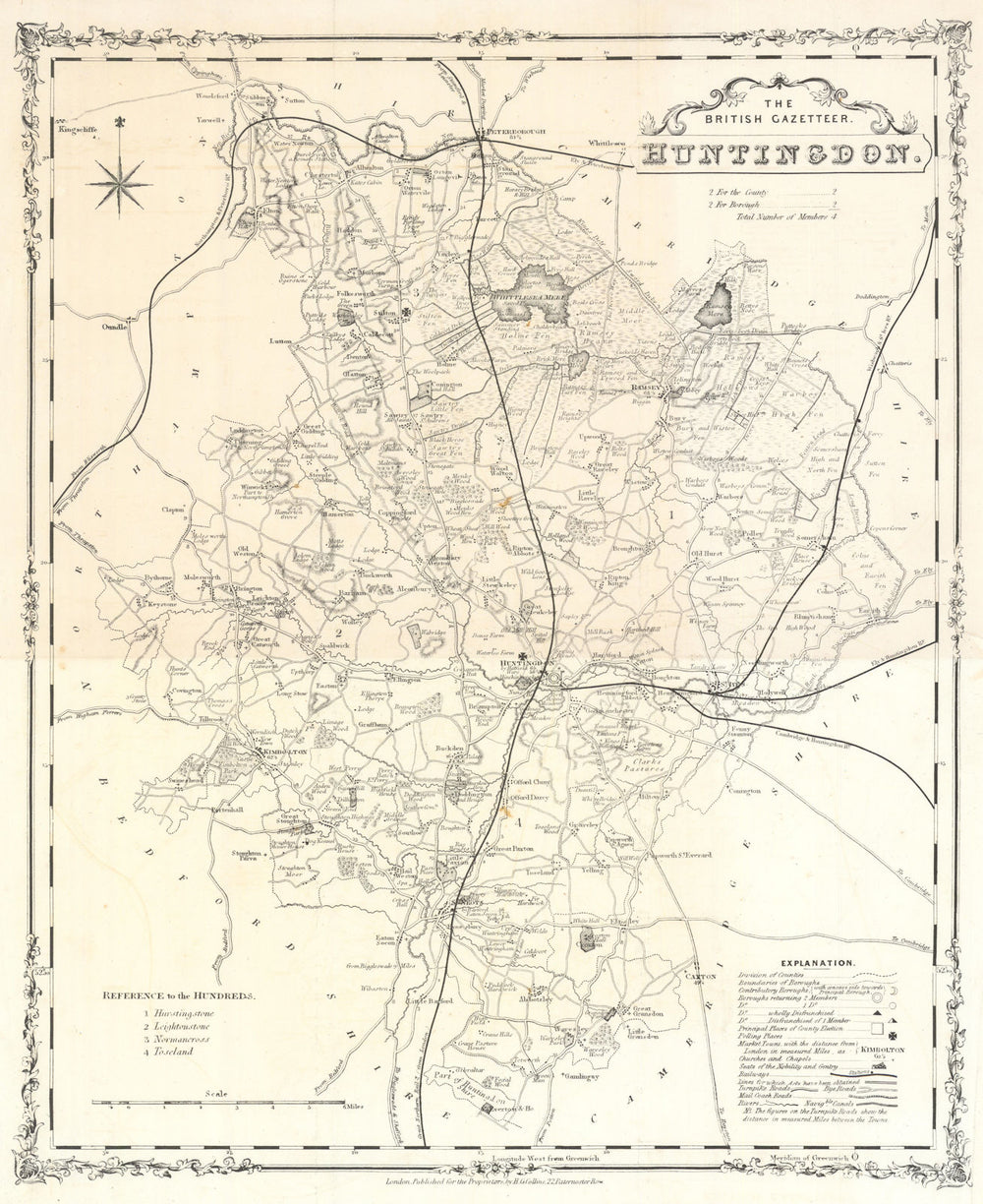 The British Gazetteer - Huntingdonshire decorative county map. H.G. Collins 1852