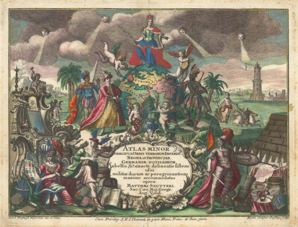 Decorative hand coloured Title Page to Matthäus Seutter's Atlas Minor c1744 map