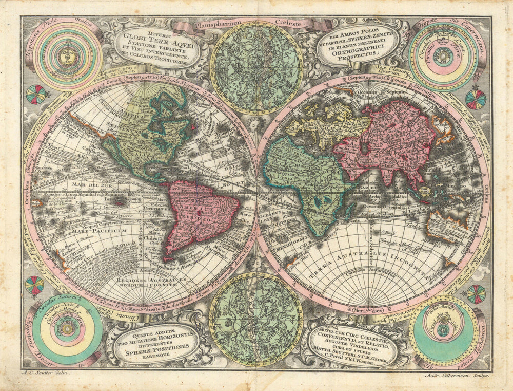 Diversi globi terr-aquei statione variante… World Planisphere. Seutter c1744 map