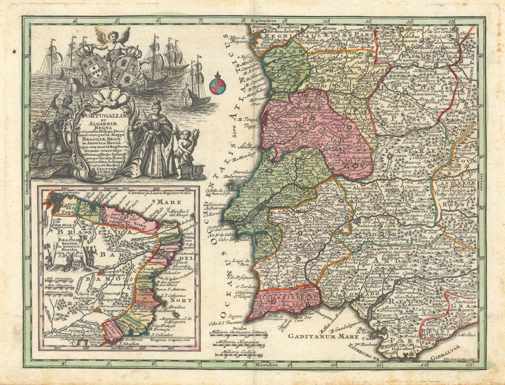 Portugalliae et Algarbiae Regna… Brasiliae. Portugal & Brazil. Seutter c1744 map