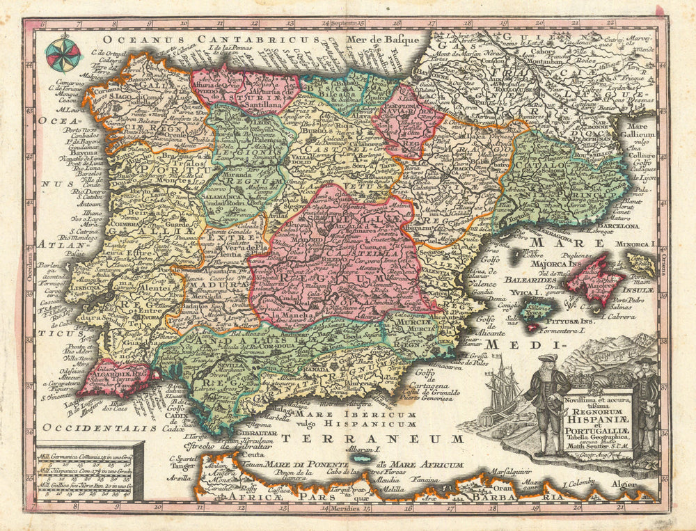 Novissima et accuratissima Regnorum Hispaniae et Portugalliae. Seutter c1744 map