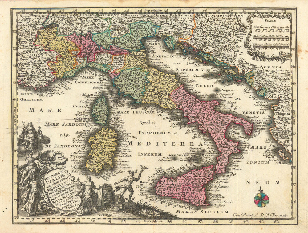 Nova Totius Italiae cum adiacentibus… Insulis. Italy. Matthäus Seutter c1744 map