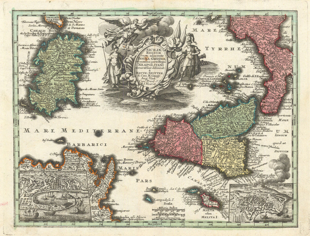 Siciliae Regnum cum adjacente Insula Sardinia. Sicily. Seutter c1744 old map