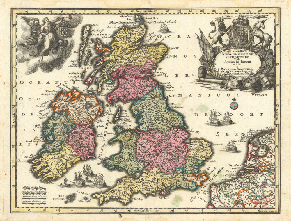 Accuratissima Angliae Scotiae et Hiberniae. British Isles by Seutter c1744 map