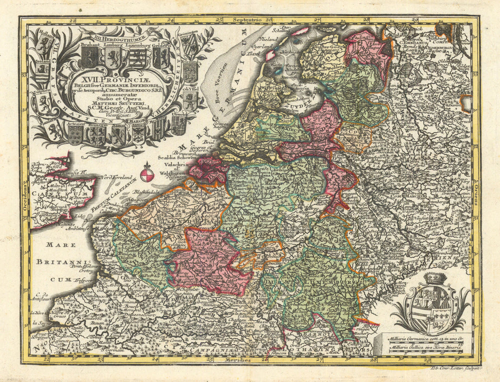 XVII Provinciae Belgii sive Germaniae Inferioris… Benelux by Seutter c1744 map