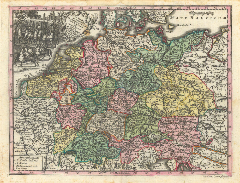 Postarum diverticula & mansiones per Germaniam. German Postal map. Seutter c1744