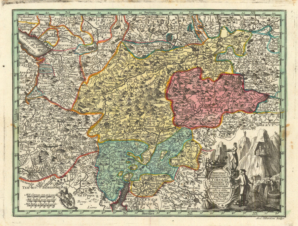 Principali Dignitate Gaudens comit. Tirolis. Tyrol Austria. Seutter c1744 map