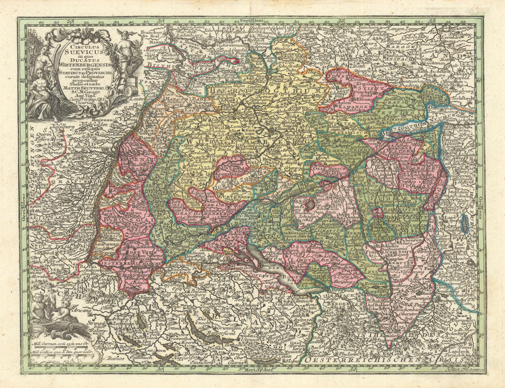 Circulus Suevicus… Swabia Baden-Württemberg Bavaria. Matthäus Seutter c1744 map