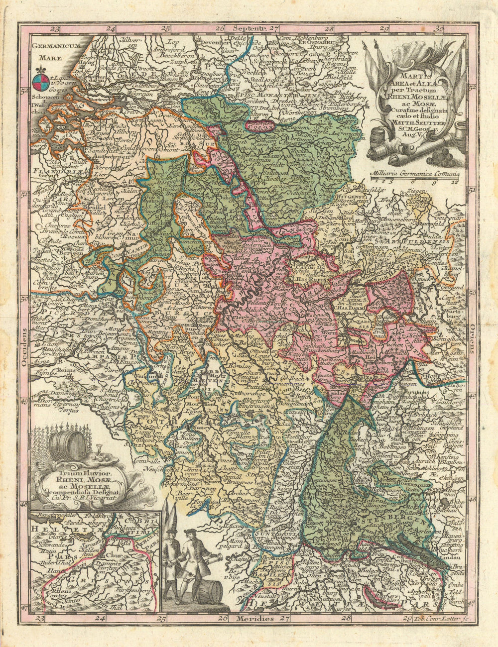 Martis Area et Alea per Tractum Rheni… Rhine, Moselle & Meuse. Seutter c1744 map