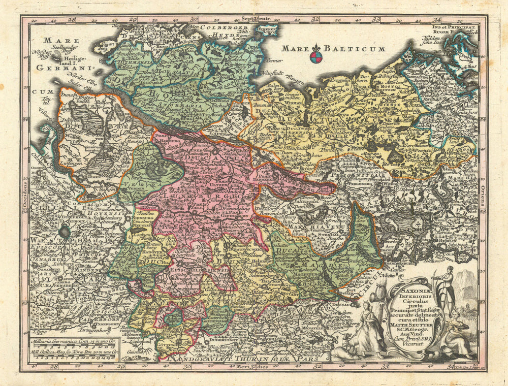 Saxoniae Inferioris Circulus… Lower Saxony & Holstein by Seutter c1744 old map