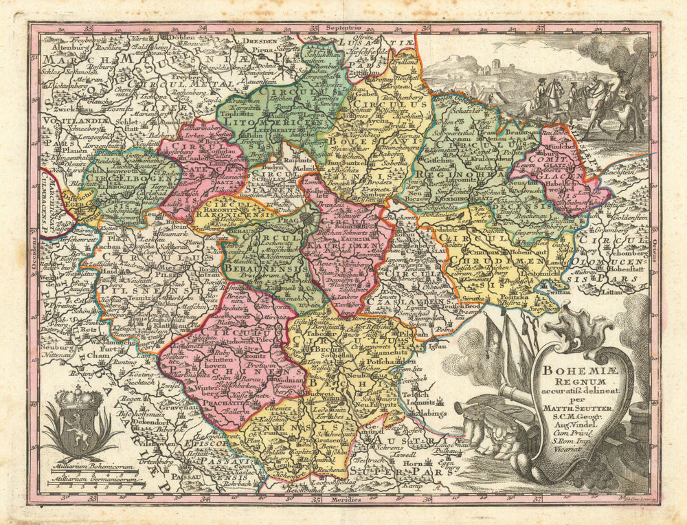 Bohemiae Regnum. Kingdom of Bohemia, Czechia by Matthäus Seutter c1744 old map