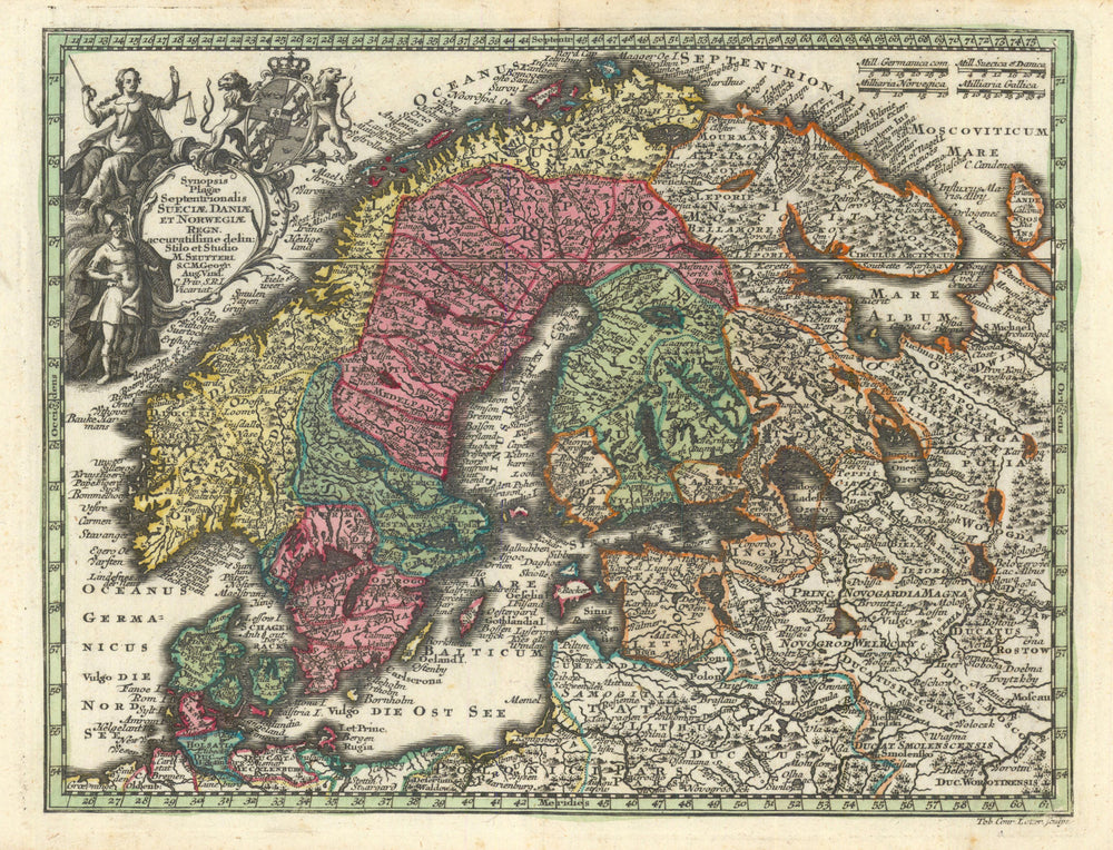 Sueciae Daniae & Norwegiae… Scandinavia Sweden Norway Denmark. Seutter c1744 map