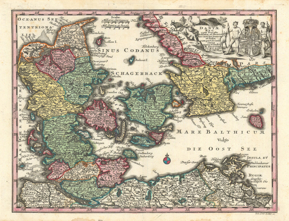 Daniae Reg. cum Ducatu Holsatiae & Slesvici… Denmark & Scania. Seutter c1744 map