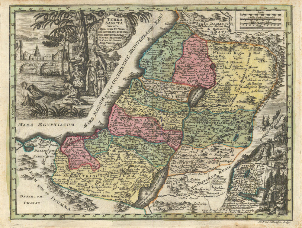 Terra Sancta Vocata… Holy Land in 12 Tribes. Israel/Palestine. Seutter c1744 map