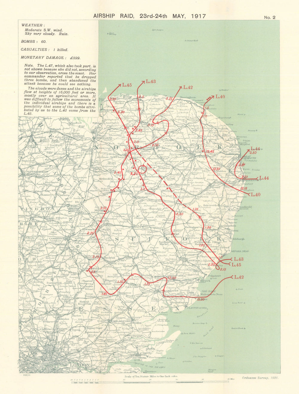 WW1 German Airship Raid 23rd–24 May 1917 Norfolk Suffolk Norwich 1935 old map