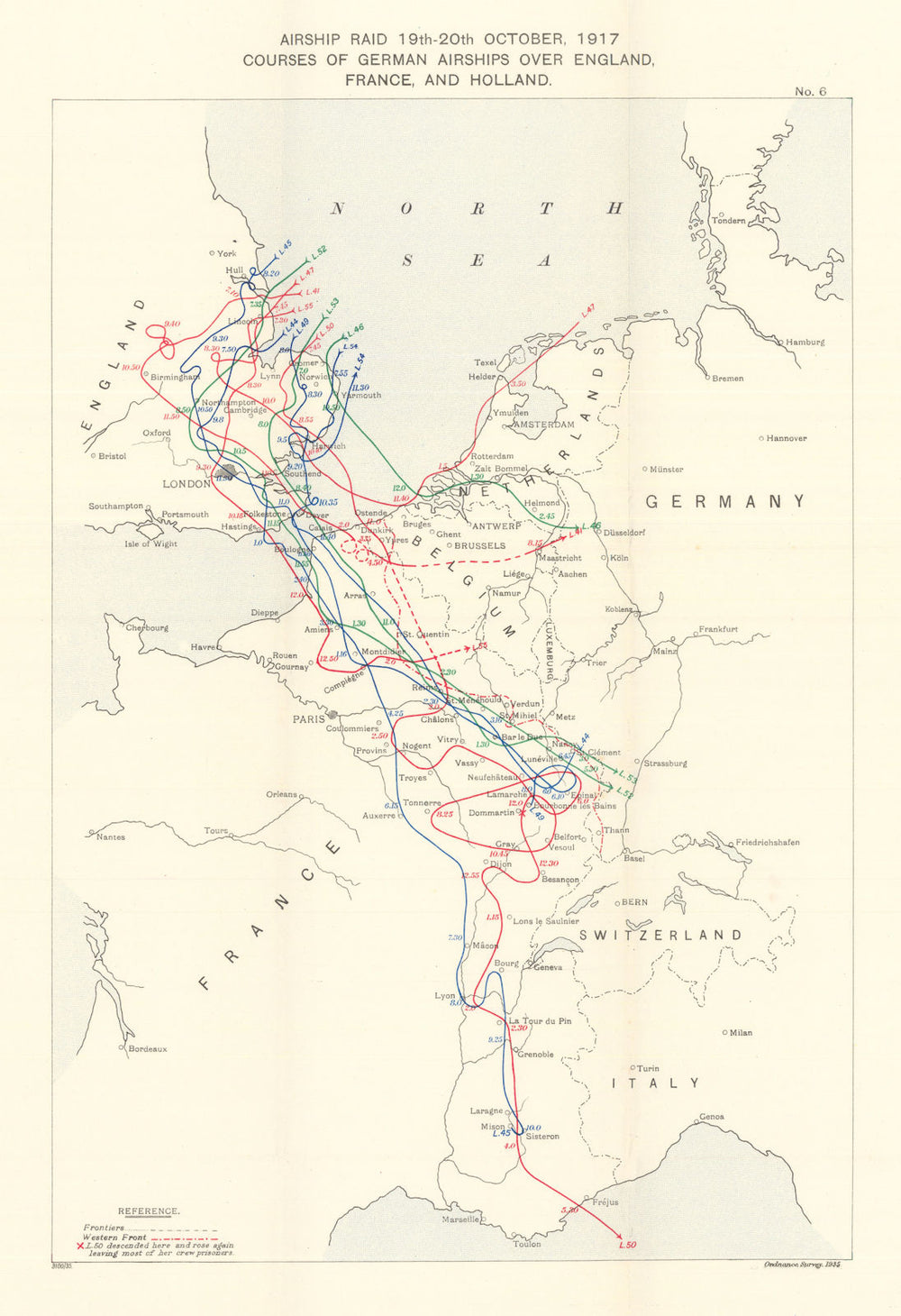 WW1 German Airship Raid 19–20 October 1917 England France & Holland 1935 map