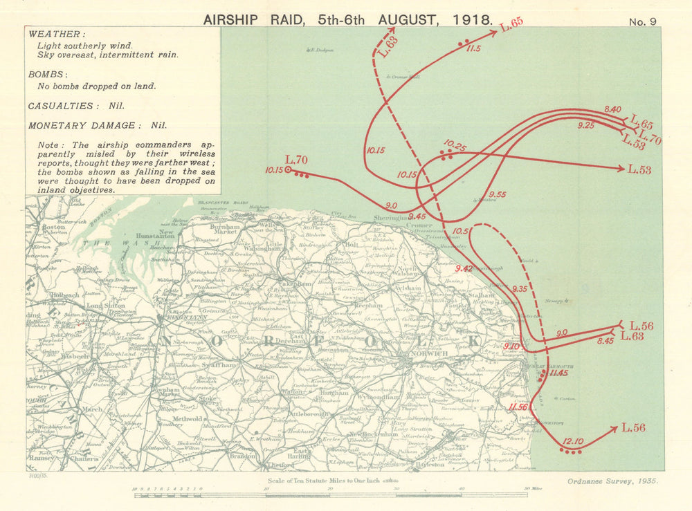 WW1 German Airship Raid 5–6 August 1918 Norfolk Yarmouth 1935 old vintage map