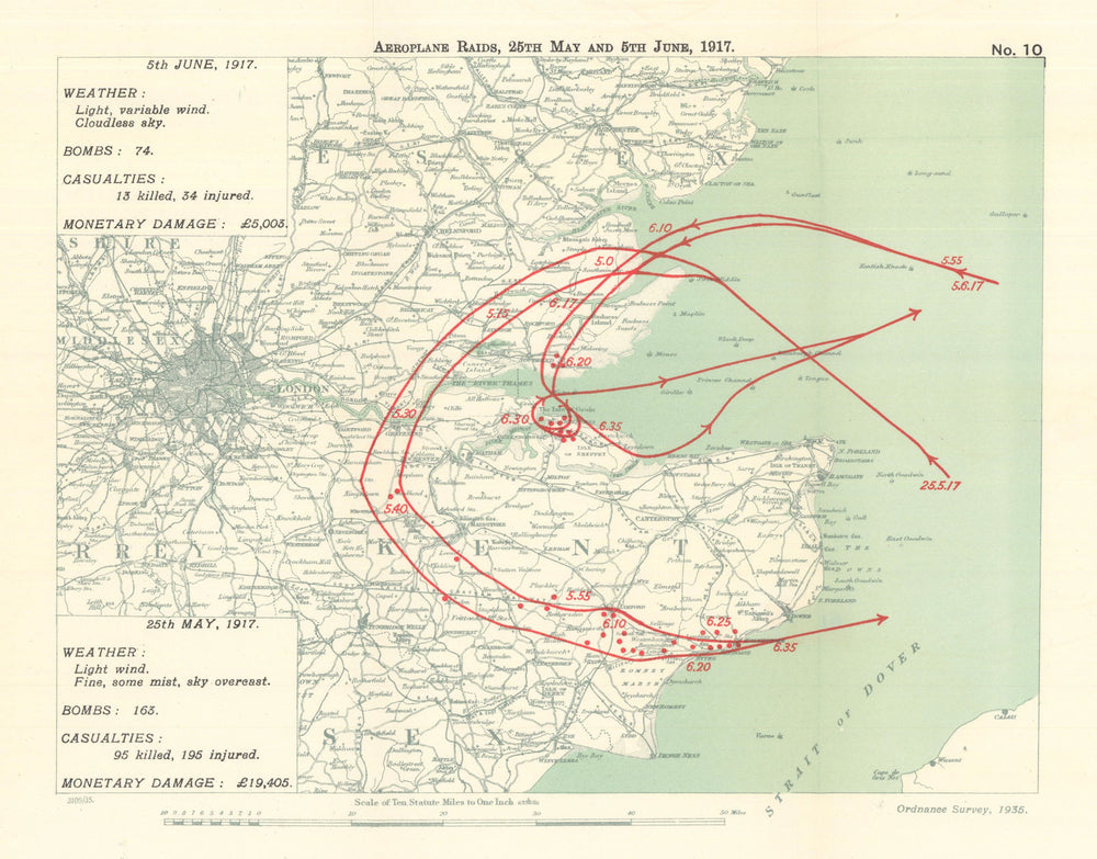 WW1 German Aeroplane Raids 25 May/5 June 1917 Sheerness Folkestone 1935 map