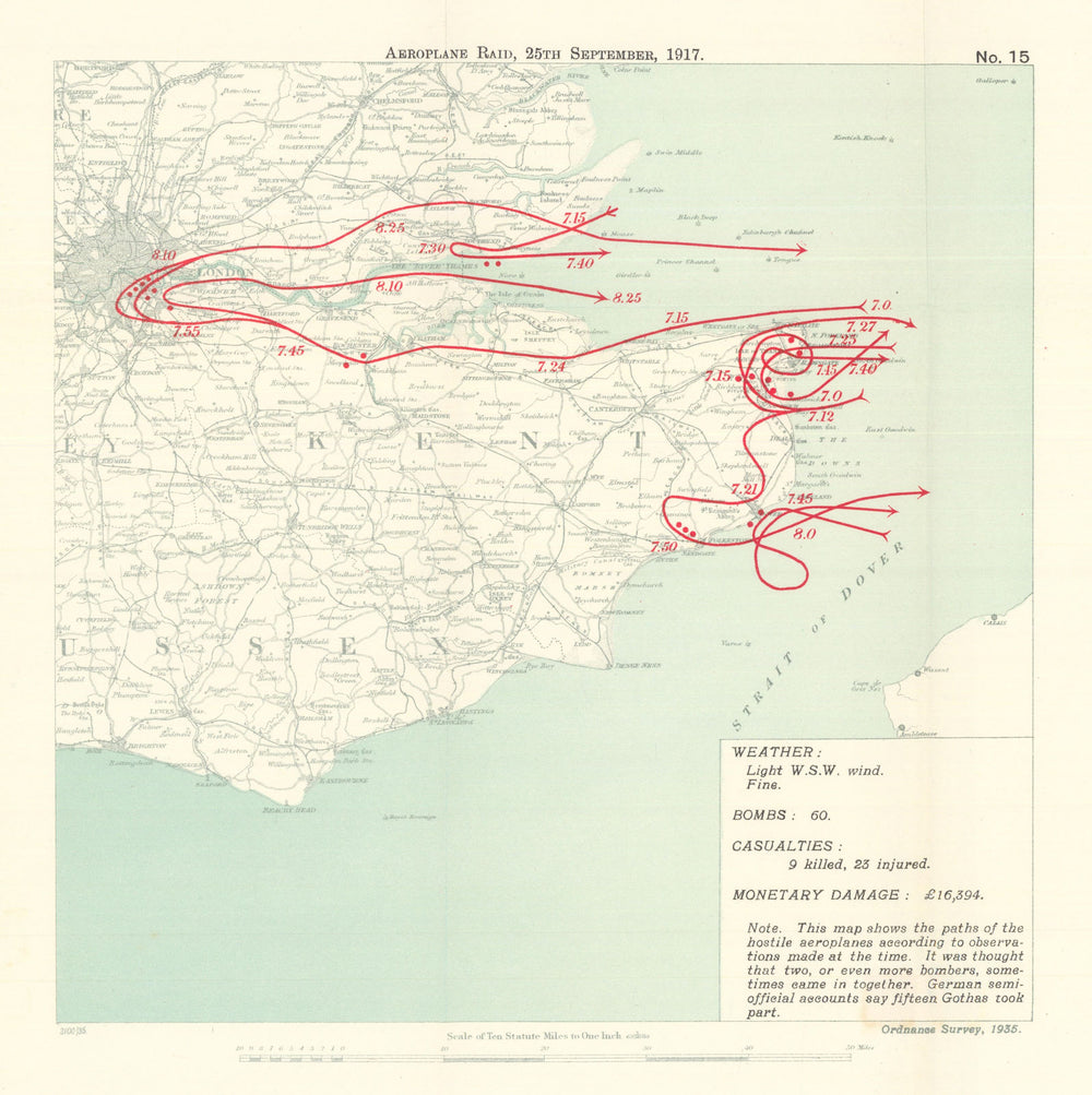 WW1 German Aeroplane Raid 25 September 1917 London Kent Dover Ramsgate 1935 map