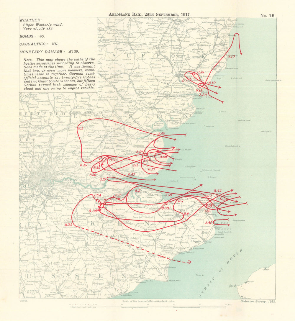 WW1 German Aeroplane Raid 28 Sept 1917 Kent Essex Chatham Billericay 1935 map