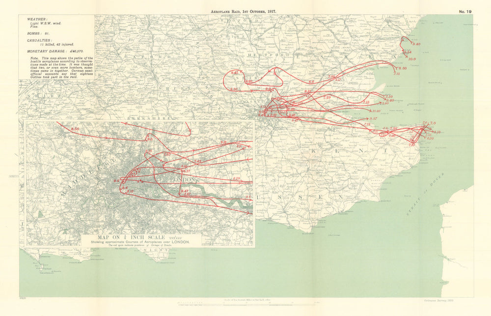 WW1 German Aeroplane Raid 1st October 1917 London Kent Sandwich 1935 old map