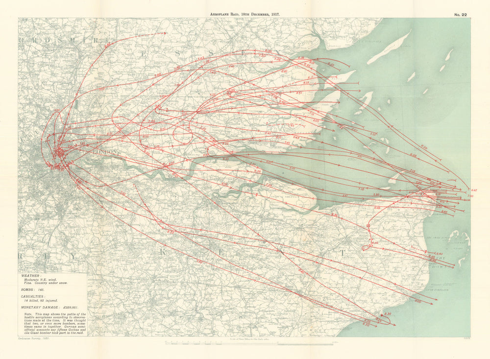 WW1 German Aeroplane Raid 18 December 1917 London Essex  1935 old vintage map