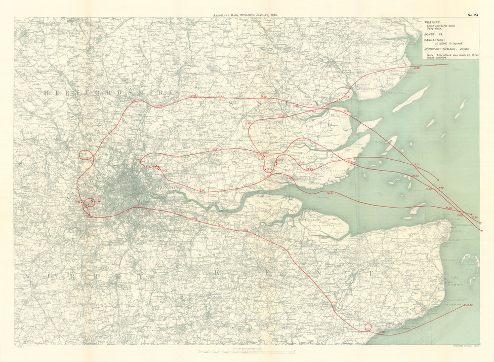 WW1 German Aeroplane Raid 29–30 January 1918 London Essex Rayleigh 1935 map