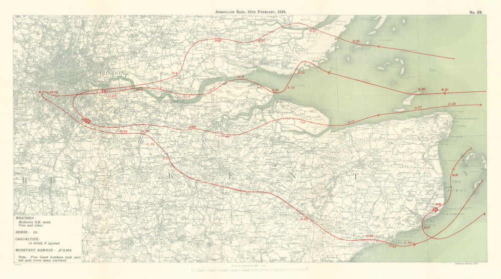WW1 German Aeroplane Raid 16 Feb 1918 London Kent Woolwich Beckenham 1935 map
