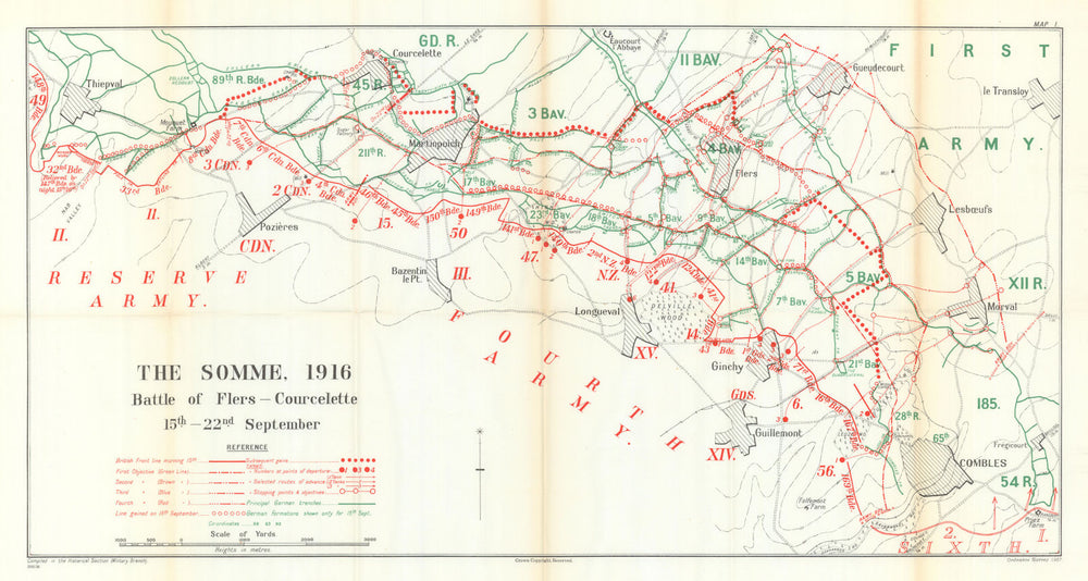 Battle of the Somme. Flers—Courcelette, 15–22 September 1916. WW1 1938 old map