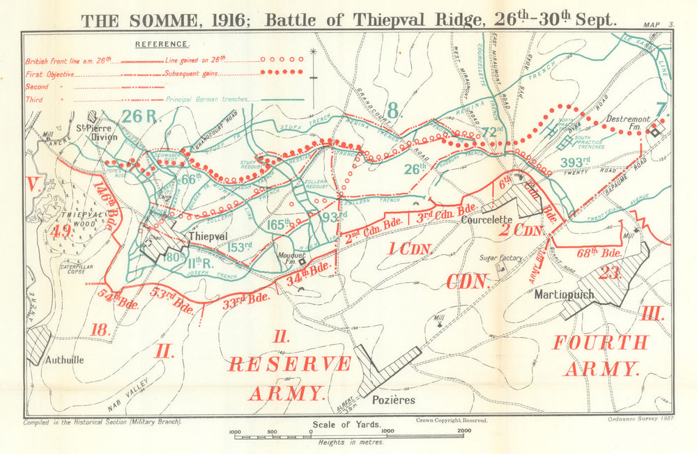 Battle of the Somme. Thiepval Ridge, 26–30 September 1916. WW1 1938 old map