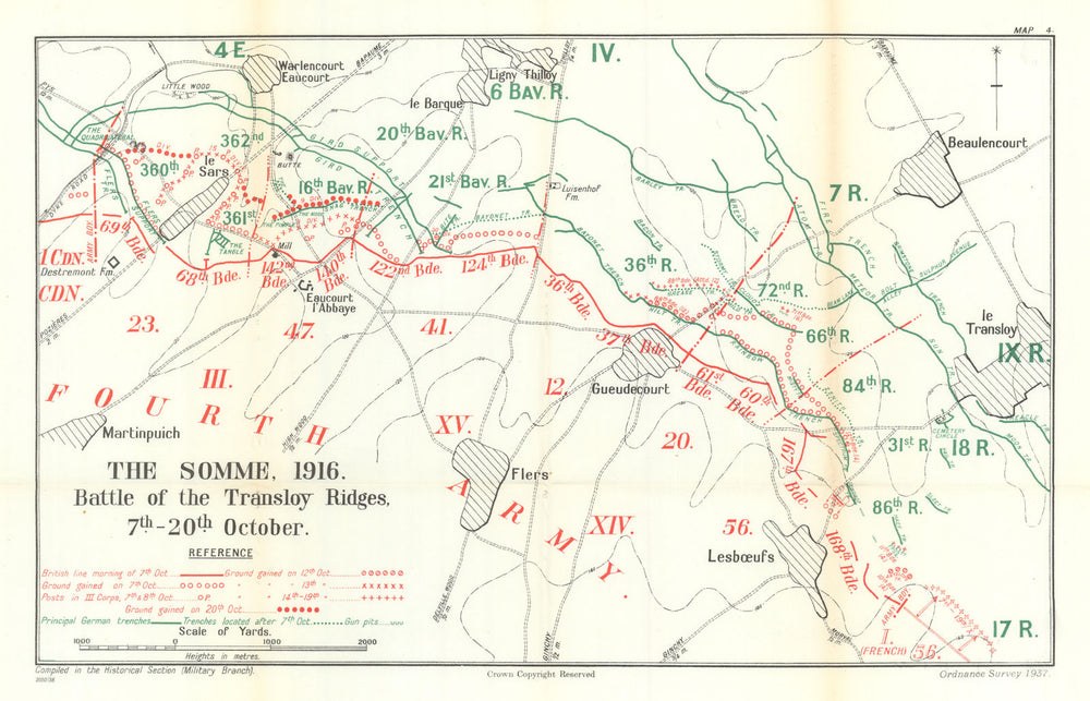 Battle of the Somme. The Transloy Ridges, 7–20 October 1916. WW1 1938 old map