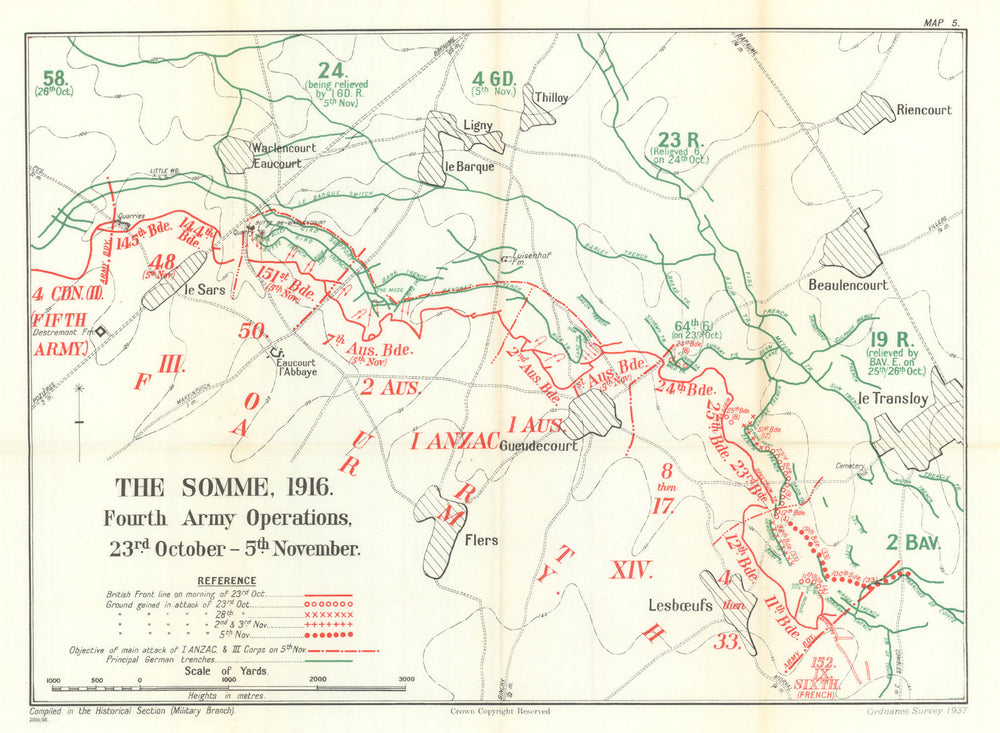 Battle of the Somme. Fourth Army Operations, 23 October–5 Nov 1916. WW1 1938 map
