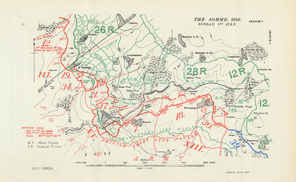 Battle of the Somme. Sunday 2 July 1916. First World War 1938 old vintage map