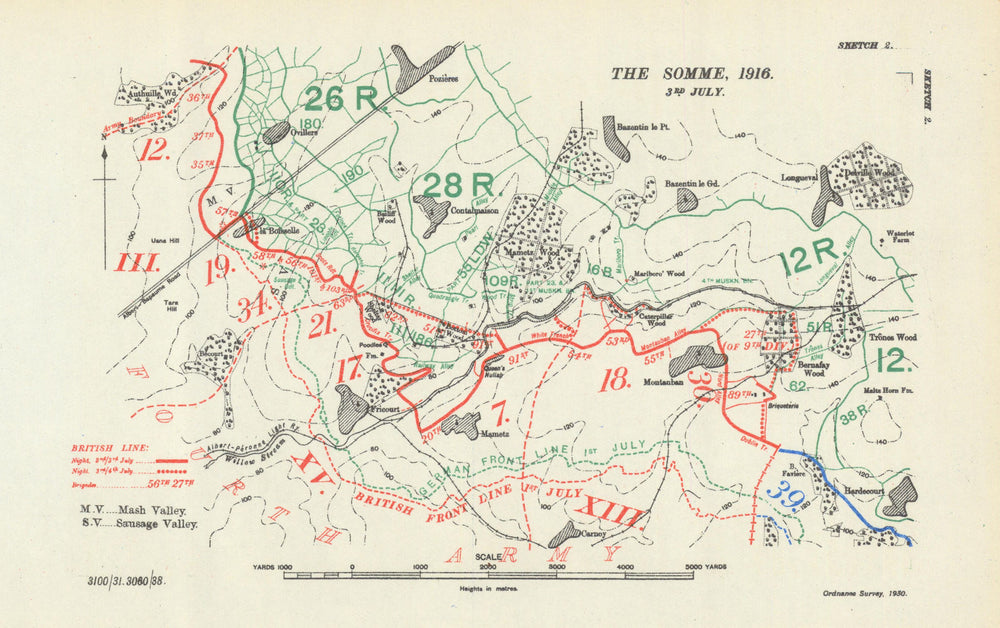 Battle of the Somme. 3 July 1916. First World War 1938 old vintage map chart