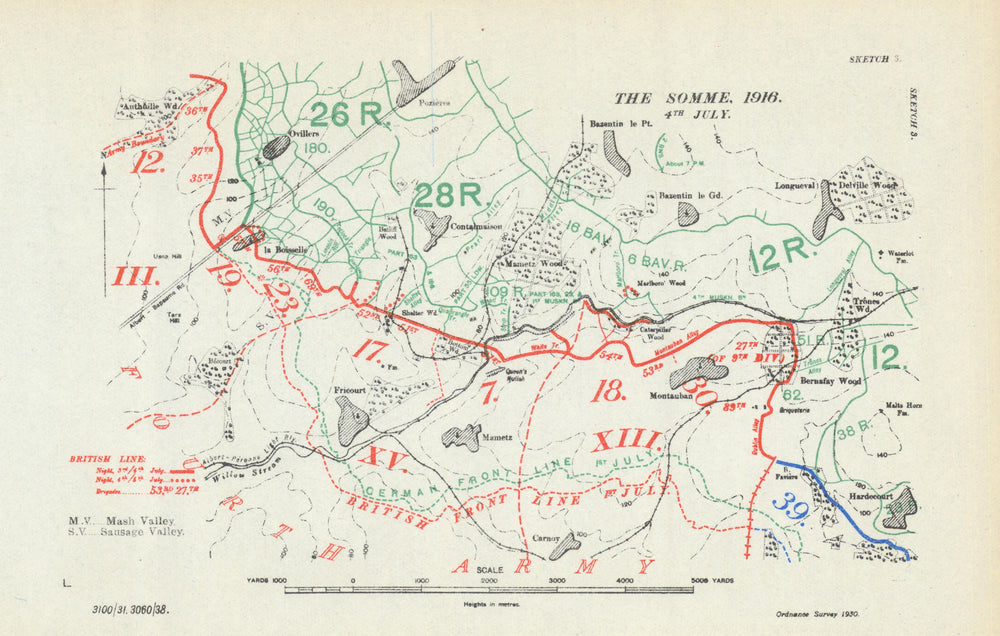 Battle of the Somme. 4 July 1916. First World War 1938 old vintage map chart