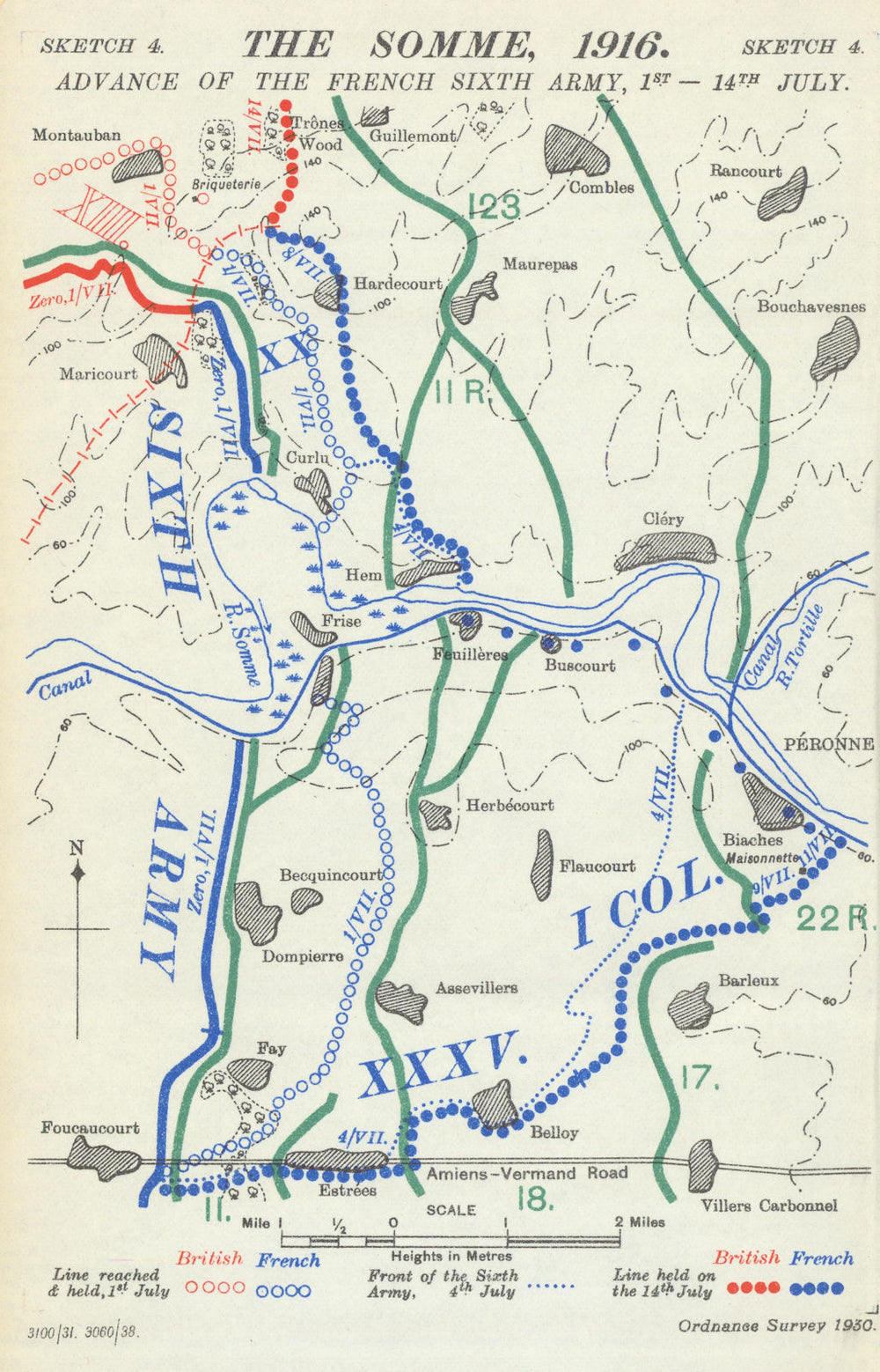 Battle of the Somme. French Sixth Army advance, 1–14 July 1916. WW1 1938 map