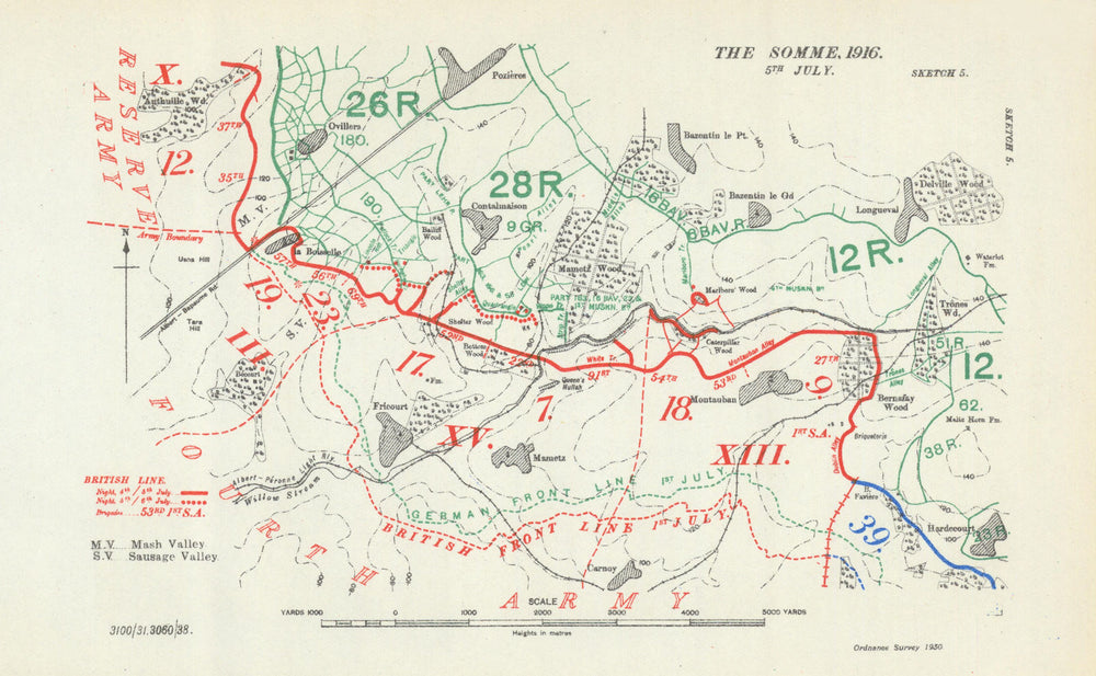 Battle of the Somme. 5 July 1916. First World War 1938 old vintage map chart