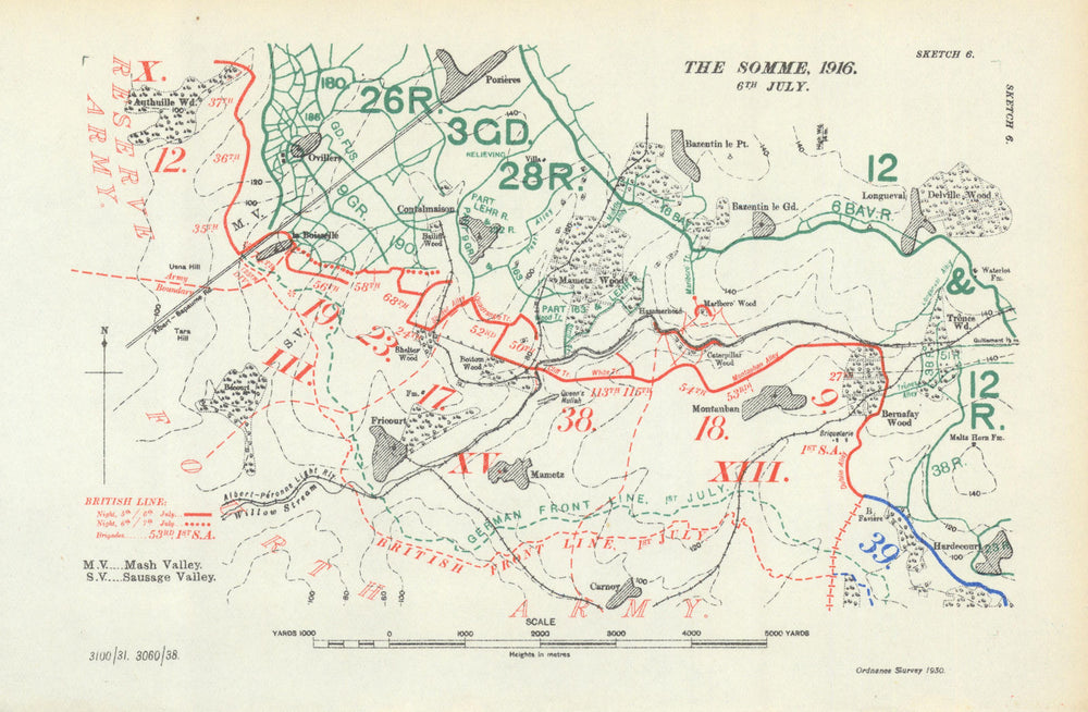 Battle of the Somme. 6 July 1916. First World War 1938 old vintage map chart