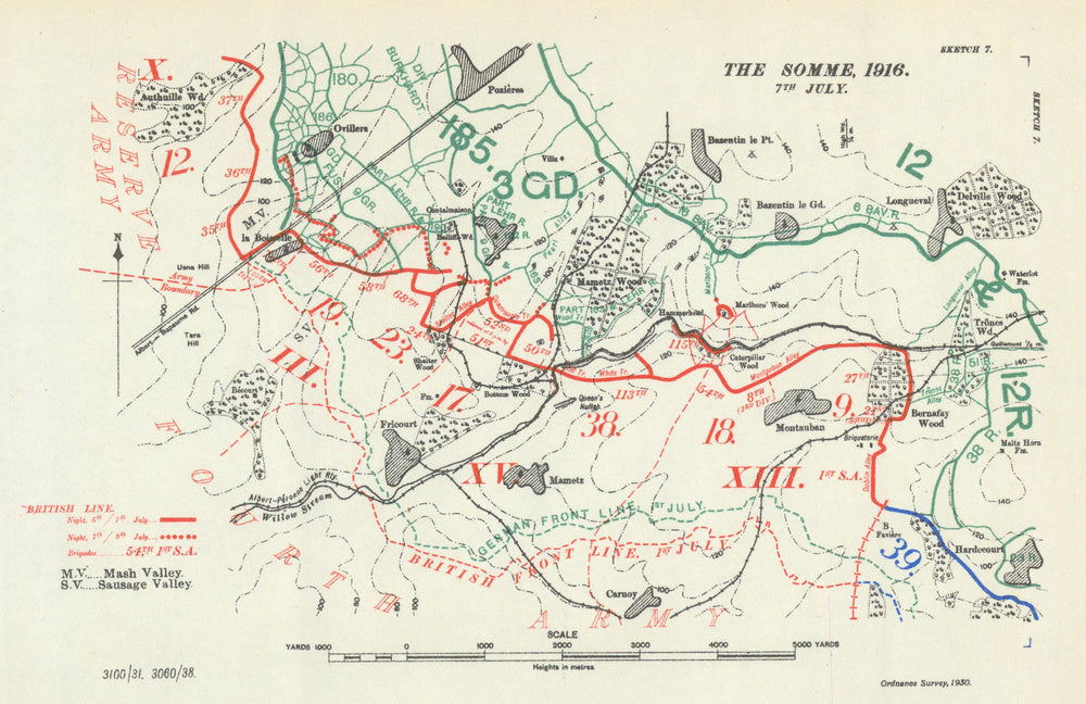 Battle of the Somme. 7 July 1916. First World War 1938 old vintage map chart