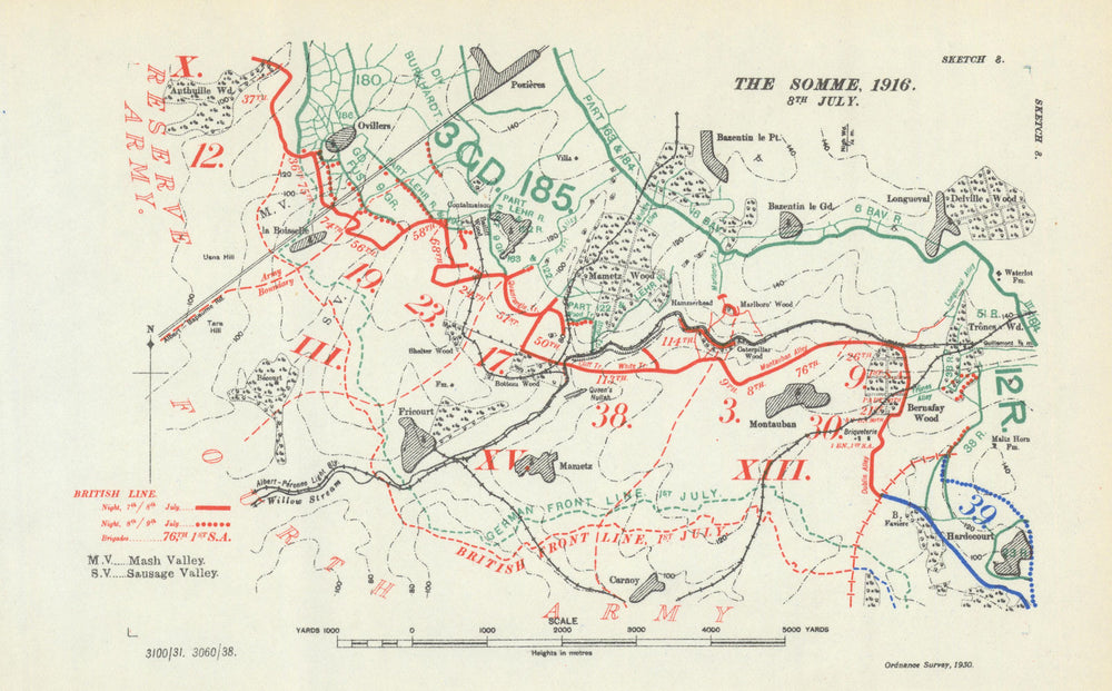 Battle of the Somme. 8 July 1916. First World War 1938 old vintage map chart