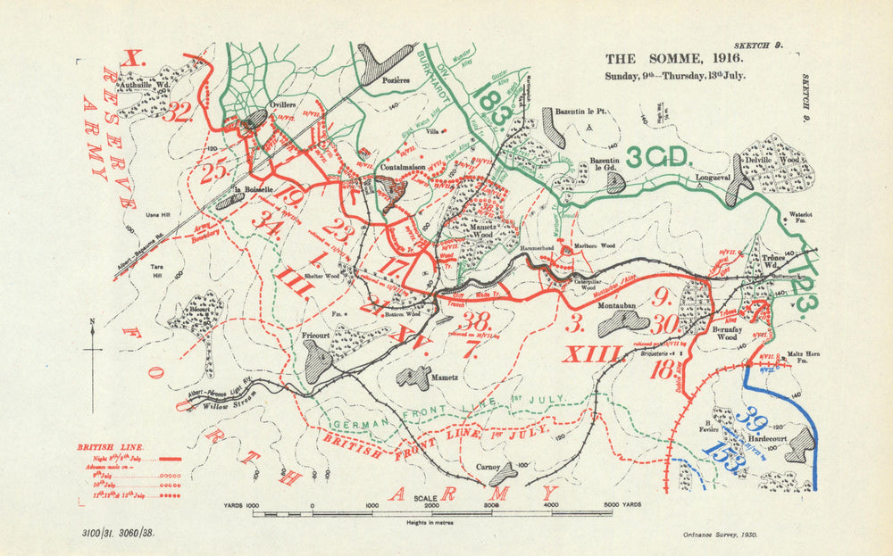 Battle of the Somme. Sunday 9th–Thursday 13th July 1916. WW1 1938 old map