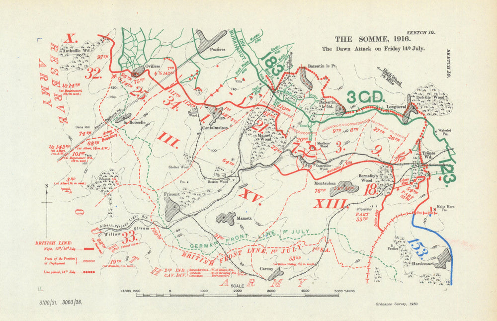 Battle of the Somme. The Dawn Attack on Friday 14 July 1916. WW1 1938 old map