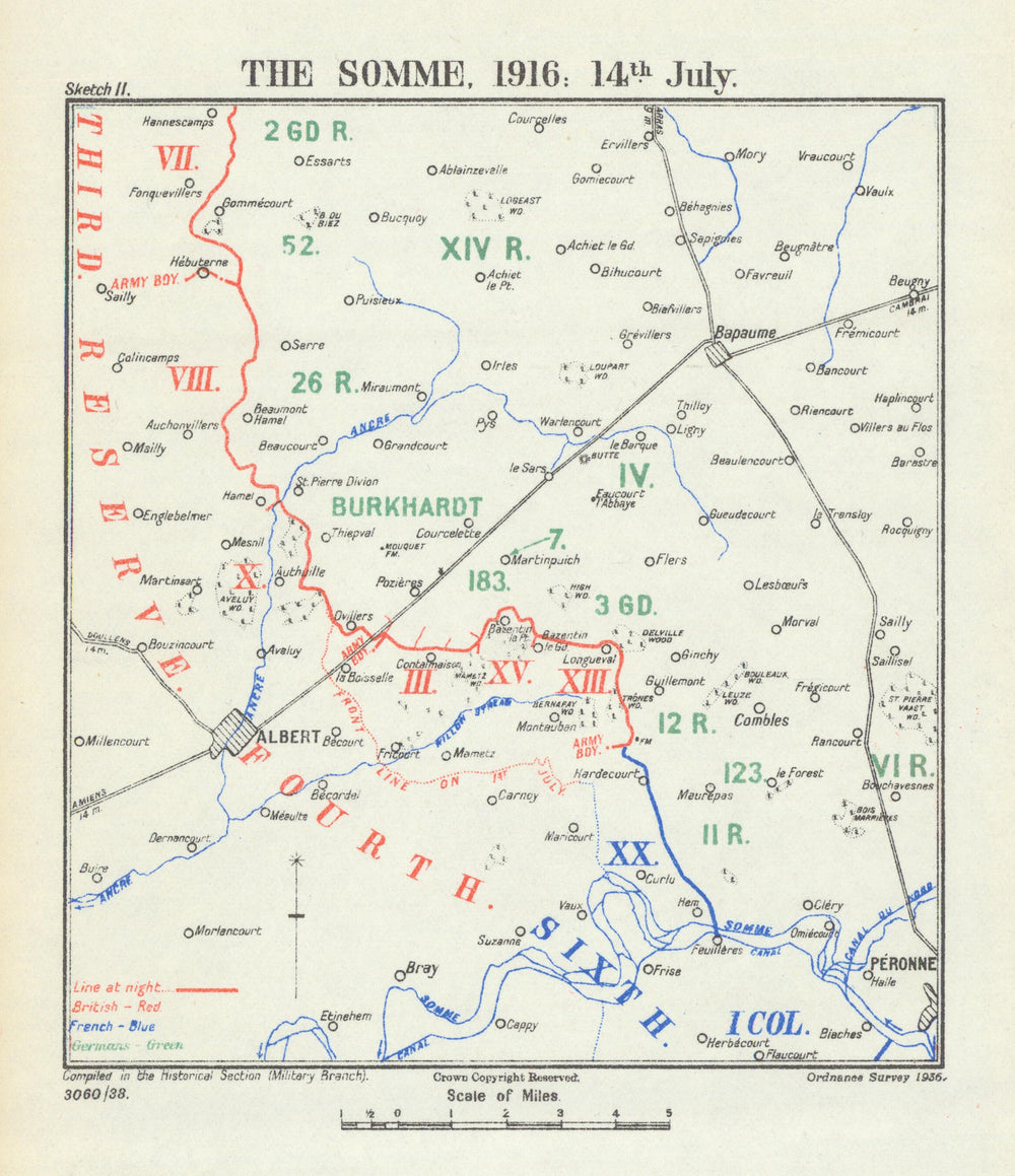 Battle of the Somme. 14 July 1916. First World War 1938 old vintage map chart