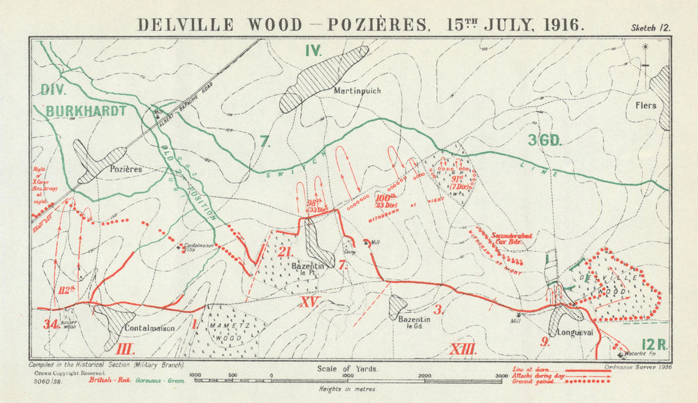 Battle of the Somme. Delville Wood - Pozieres, 15 July 1916. WW1 1938 old map