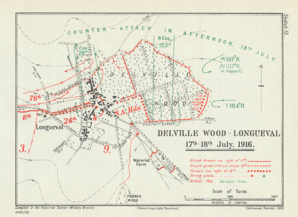 Battle of the Somme. Delville Wood–Longueval, 17–18 July 1916. WW1 1938 map