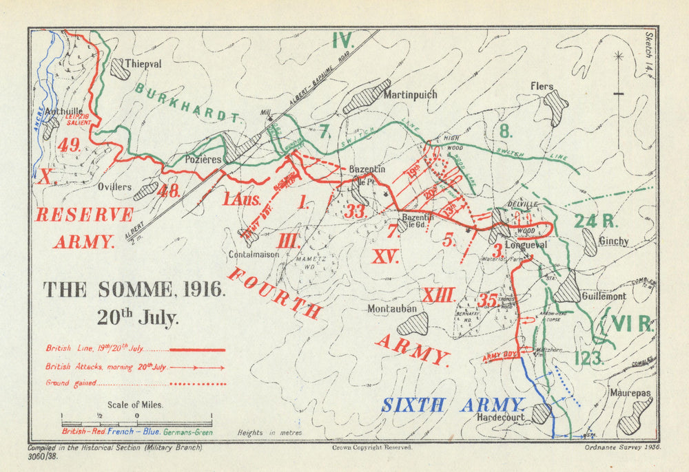Battle of the Somme. 20 July 1916. First World War 1938 old vintage map chart