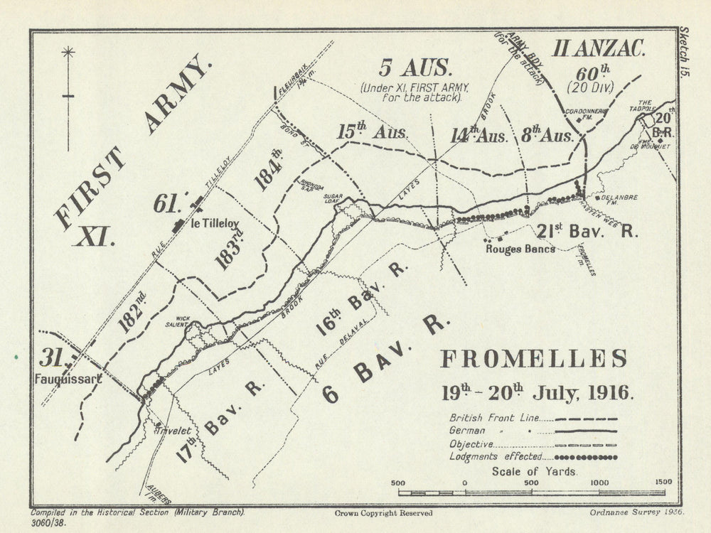 Battle of the Somme. Fromelles, 19–20 July 1916. First World War 1938 old map