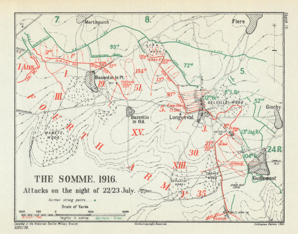 Battle of the Somme. Attacks on the night of 22-23 July 1916. WW1 1938 old map