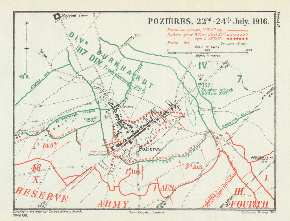 Battle of the Somme. Pozières, 22–24 July 1916. First World War 1938 old map