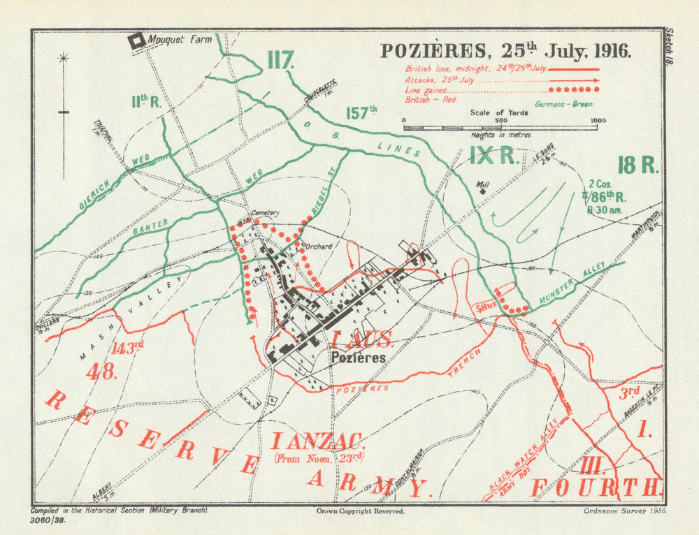 Battle of the Somme. Pozières, 25 July 1916. First World War 1938 old map